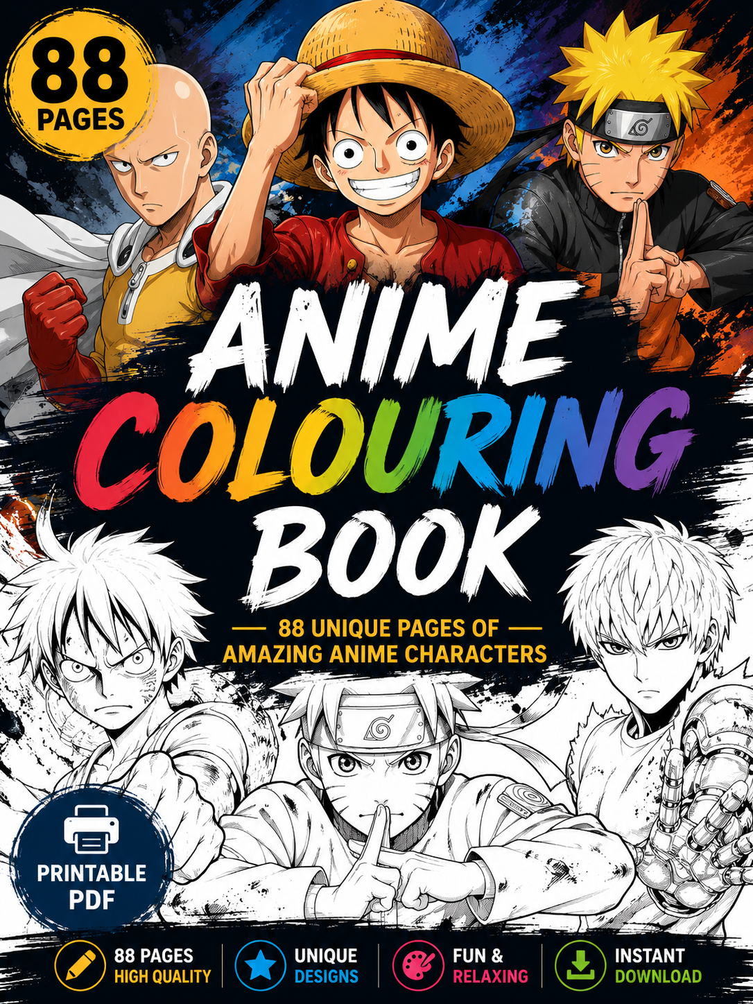 Anime Coloring Book | 88 Printable Coloring Pages | Digital PDF Download | Manga Coloring Book | Instant Download | Kids & Adults